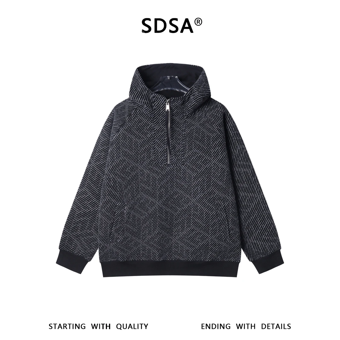 SDSA男士秋冬新款痞帅男装撞色斜纹半拉链立领连帽卫衣宽松百搭