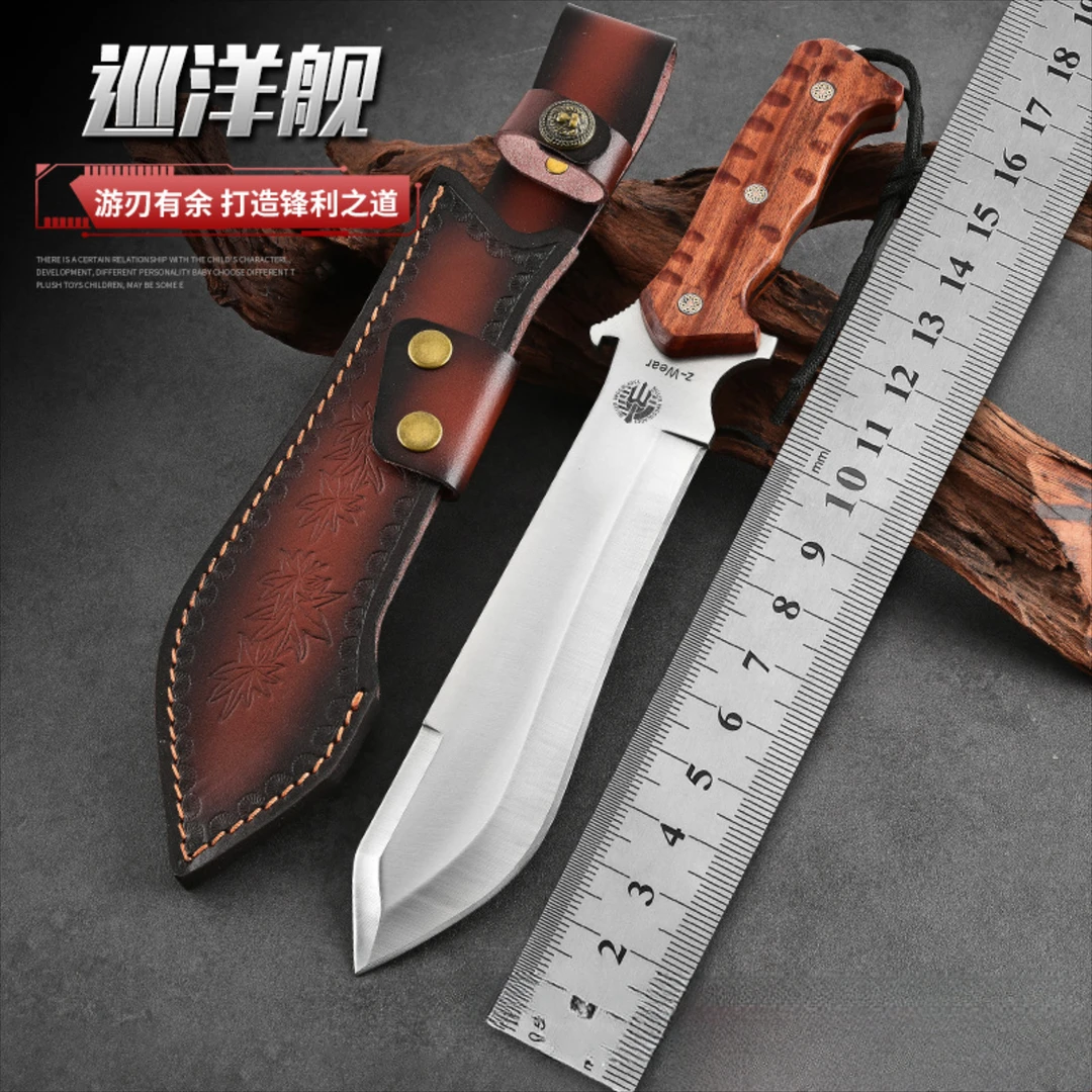 匠心手作大马士革钢锻打老料黑檀全钢一体收藏户外厨猎工具