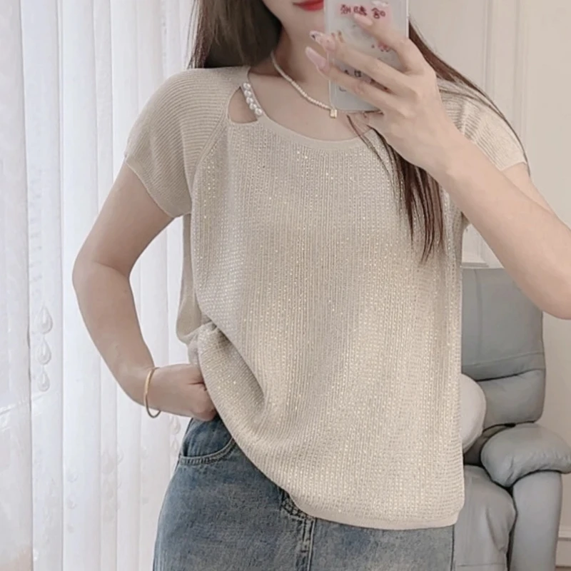 夏新款时尚钉珠镂空莱赛尔针织短袖女宽松遮肚子显瘦百搭气质上衣