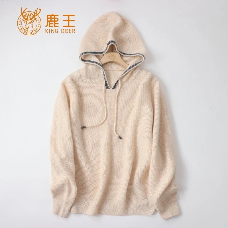 King Deer/鹿王24女连帽100山羊绒休闲夹色针织套衫 加厚 ME8956