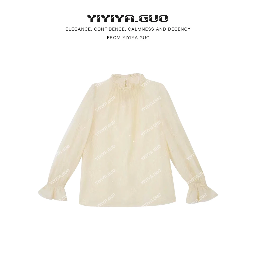 yiyiya.Guo艺艺吖【繁星】法式蕾丝时尚亮片提花长袖上衣080253SS52