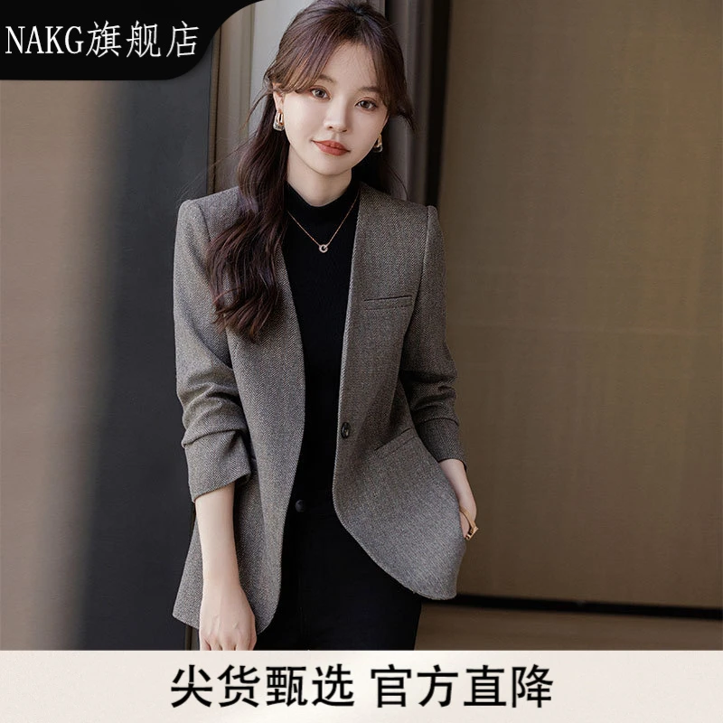 NAKG无领西装外套女2025新款春秋季女装高级感休闲呢子小西服上衣