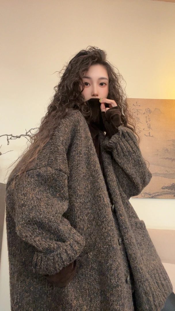 museguhui/木色古汇228522#气质百搭针织长袖慵懒中长款毛衣外套