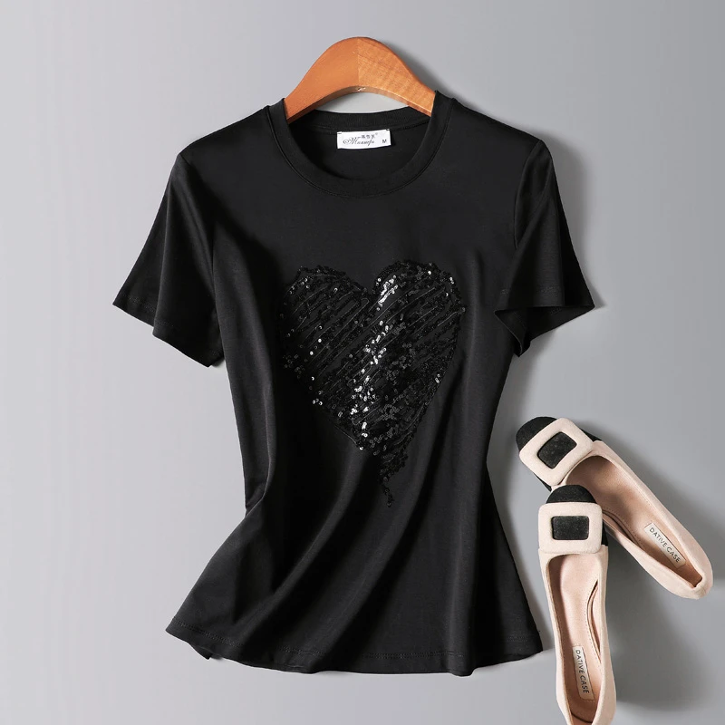 双面丝光棉短袖t恤纯棉爱心刺绣大码女装2025夏季中年妈妈装遮肉