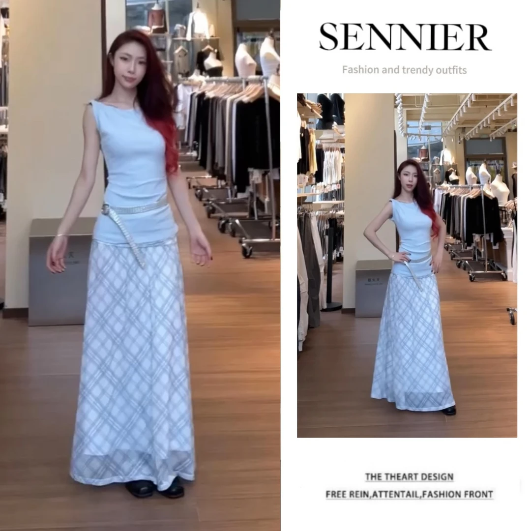 2025夏法式桔梗斜肩设计感收腰上衣格子半身裙时尚减龄两件套装裙