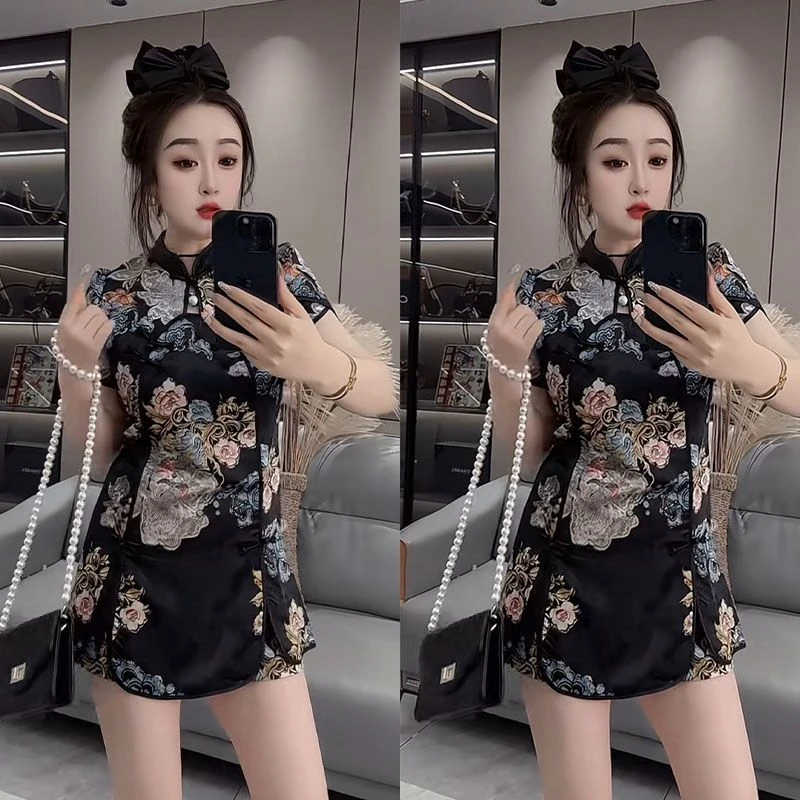 10702025新中式国风盘扣收腰显瘦气质旗袍连衣加短裤 两件套套装