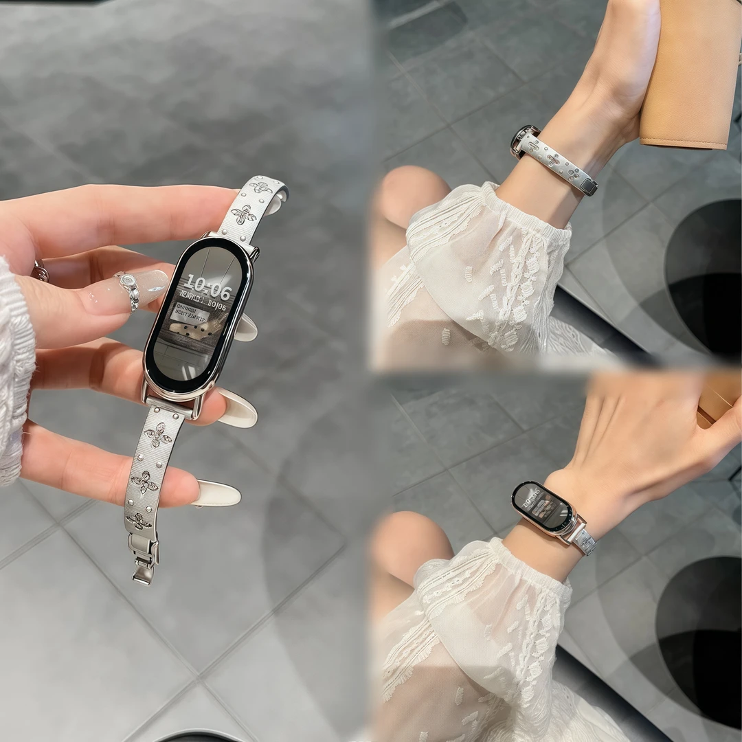 适用小米手环9表带时尚8/7花朵镶钻金属手镯6/5/4/3nfc版小众女生