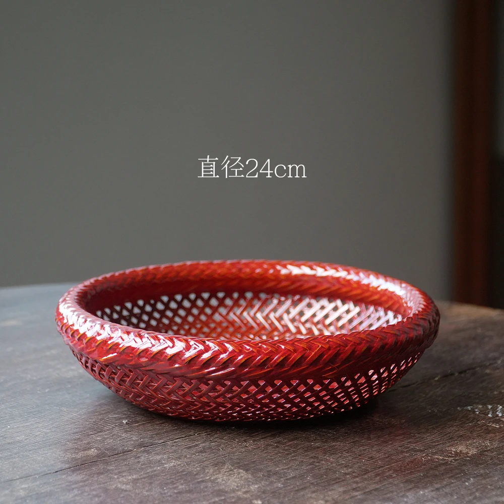 【盛笼果盘】红色蓝胎漆器家用手工竹编干果点心篮传统工艺茶道