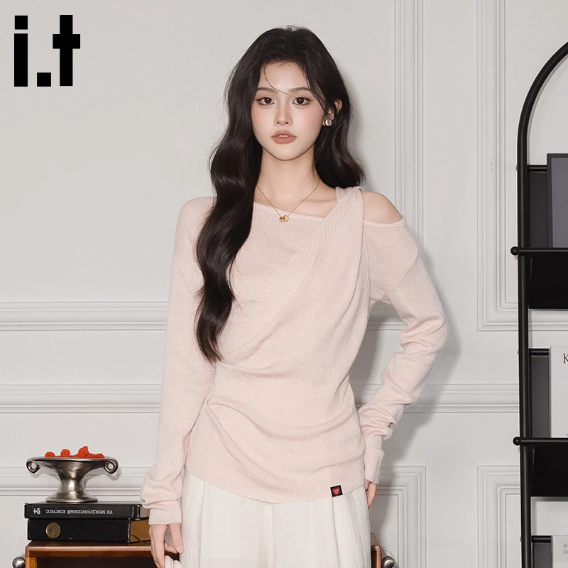 i.t:CHOCOOLATE纯欲风斜领长袖t恤女士秋冬新款慵懒显瘦气质上衣