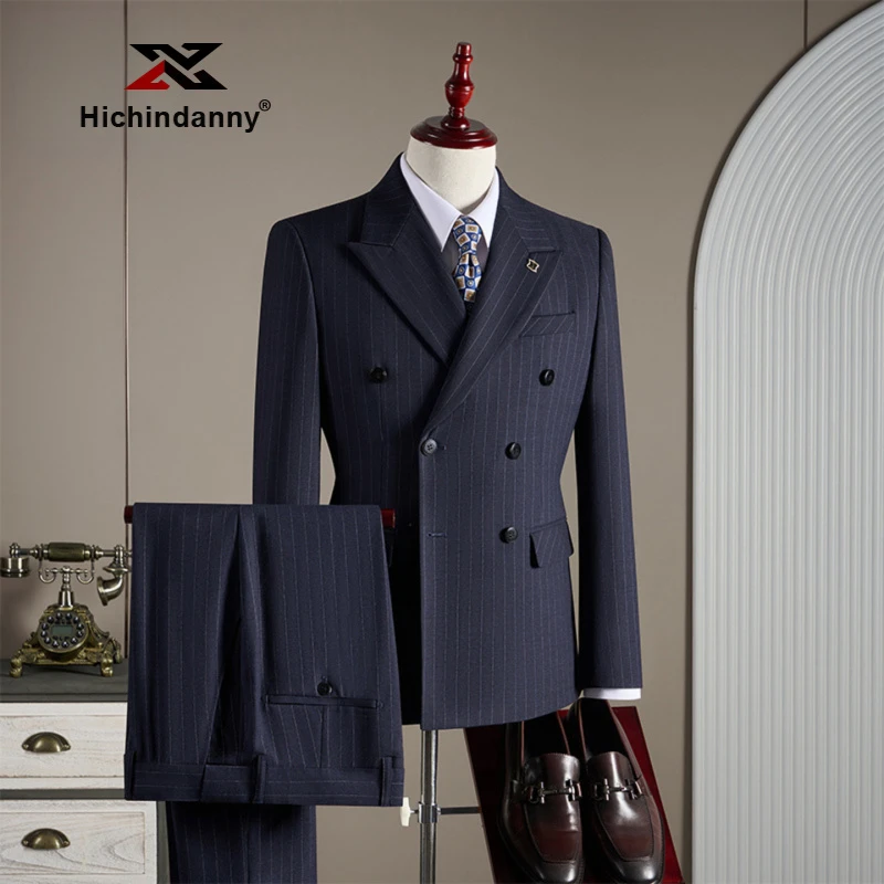 HICHIN双排扣西装套装男士春秋季条纹商务休闲职业正装三件套西服
