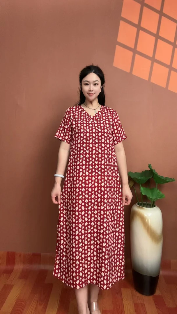 （千鸟格）新款夏季妈妈装v领短袖气质显瘦连衣裙