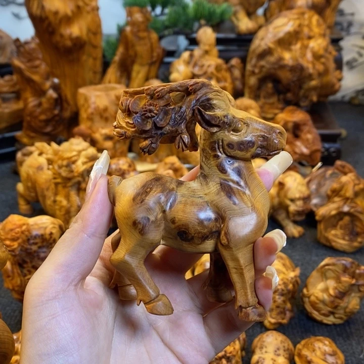 今***虎柏木梅花鹿手把件摆件