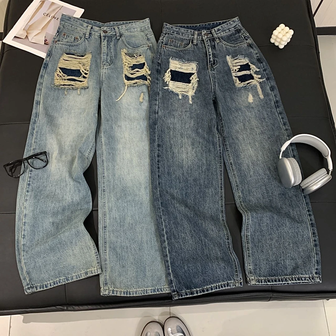 H24老爹阔腿牛仔裤女2025春季新款宽松高腰显瘦设计感破洞直筒裤