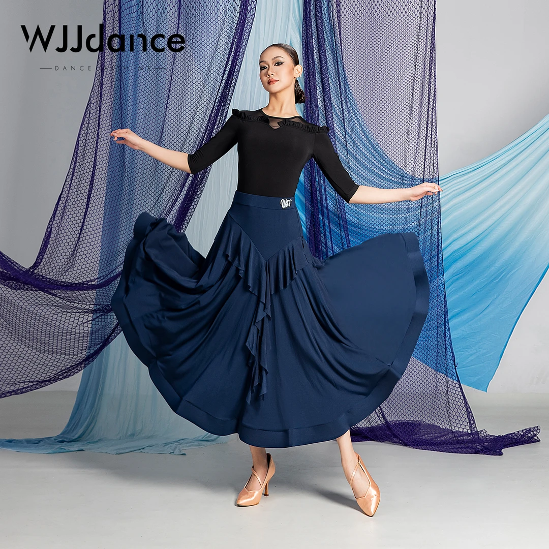 WJJdance摩登舞大摆裙女2025新款臀部网纱荷叶边国标舞鱼骨半身裙