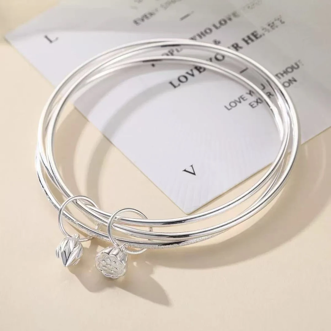 足银手镯 足银999.9三生三世莲蓬小荷花两世欢手镯F33