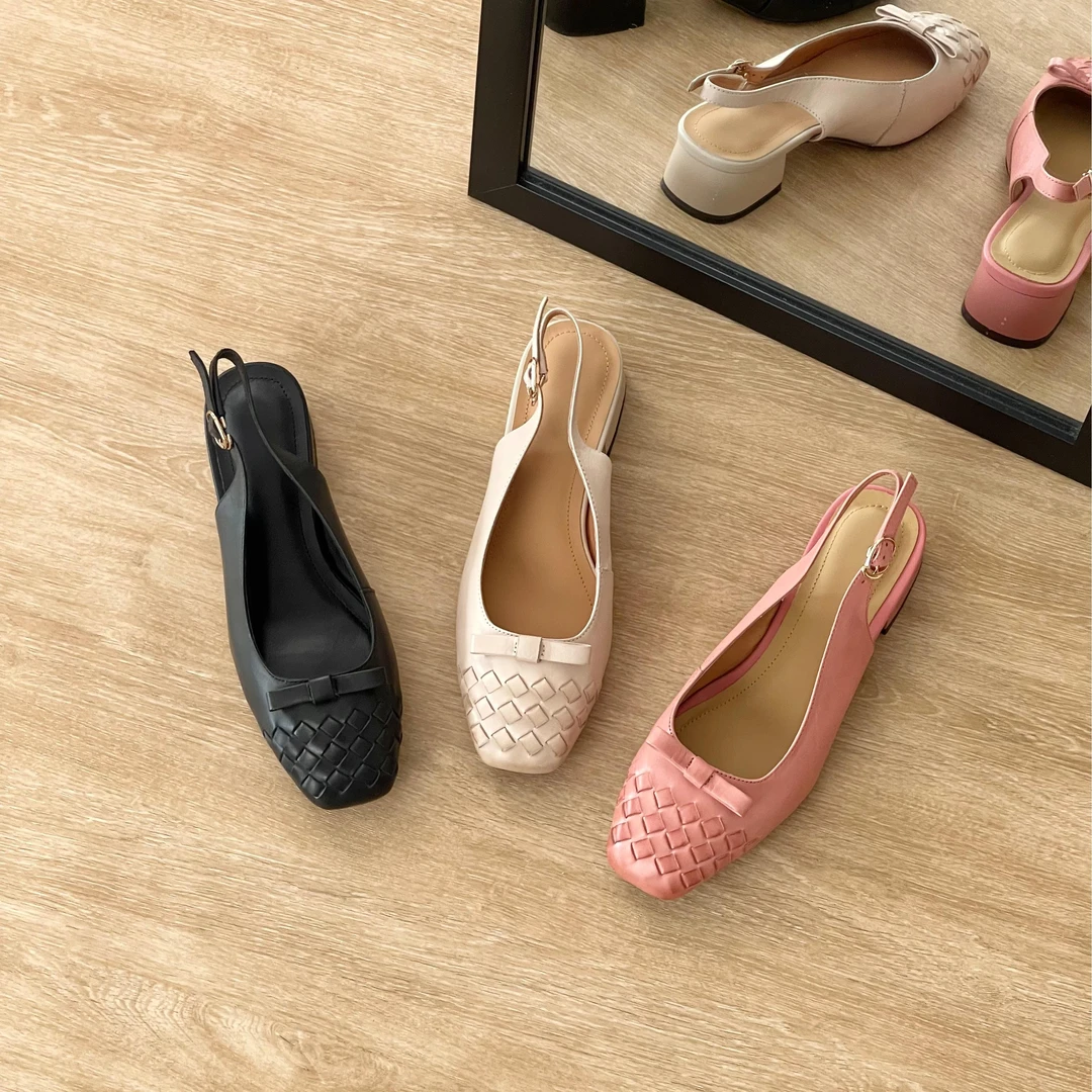 HUSSLOVE 头层牛皮·跟高3.5CM·百搭日常编织蝴蝶结包头后空凉鞋