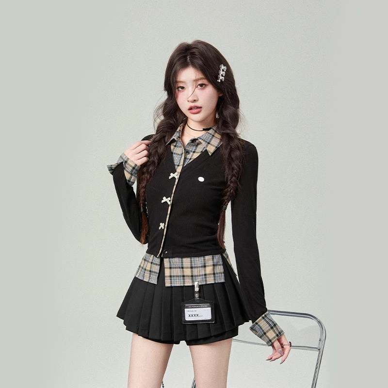 拼接学院风V领女装衬衫修身长袖cleanfit风单排多扣显瘦针织短款