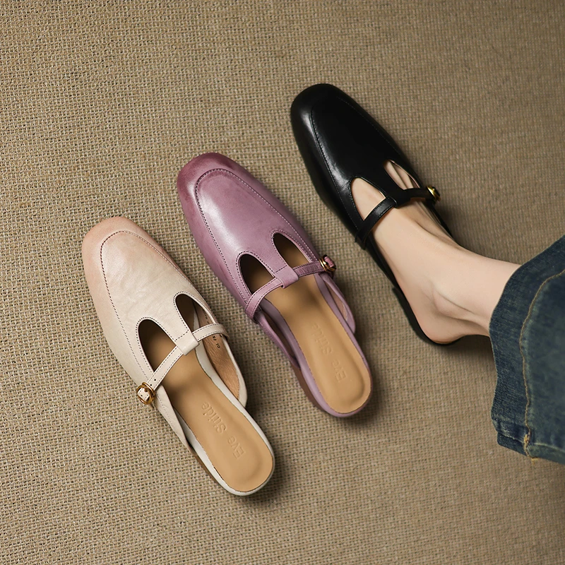 2CM真皮头层牛皮复古包头凉鞋女夏凉拖鞋穆勒鞋懒人鞋外穿半拖鞋