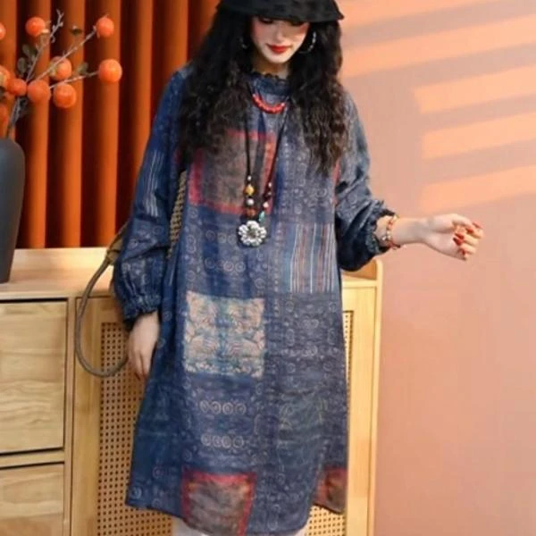 【乔一推荐】2025春季新款花色国风中式苎麻女款中长款上衣26001