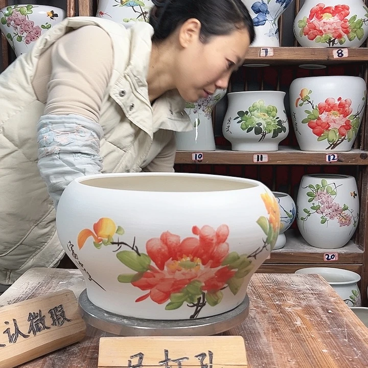 摆件口25红牡丹陶瓷陶瓷