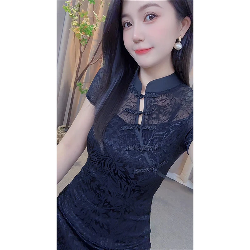 短袖包臀裙日常一字扣中国风旗袍显瘦时尚中长款夏季黑色连衣裙