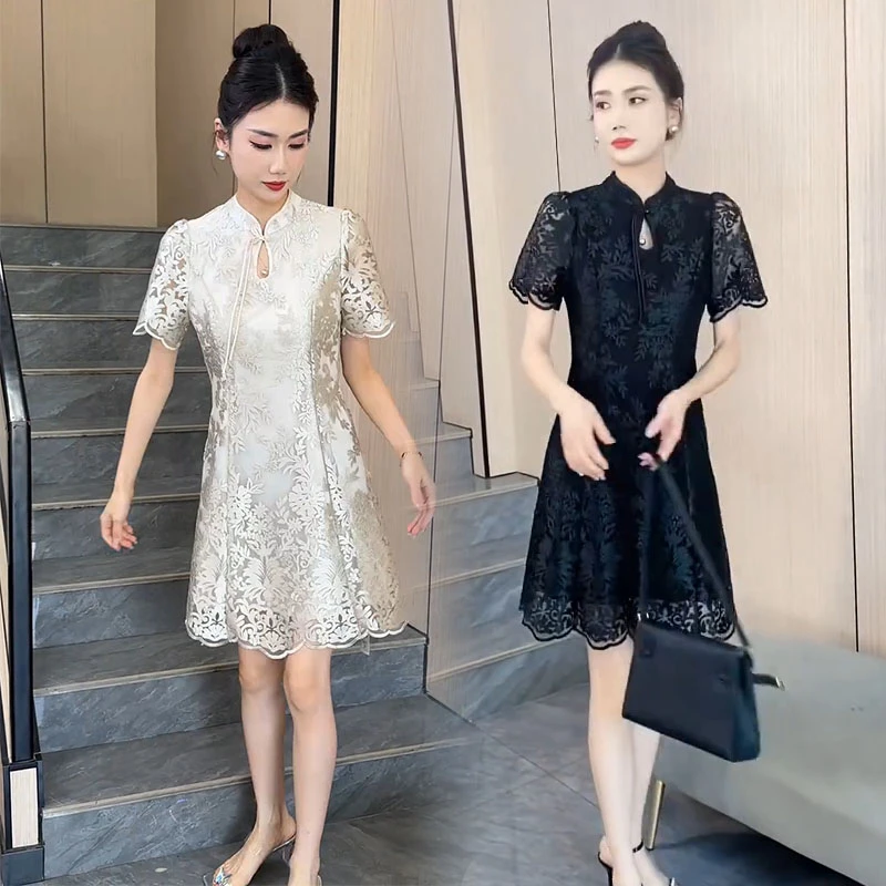 旗袍裙女2024夏季新款气质名媛修身国风高档新中式盘扣蕾丝连衣裙