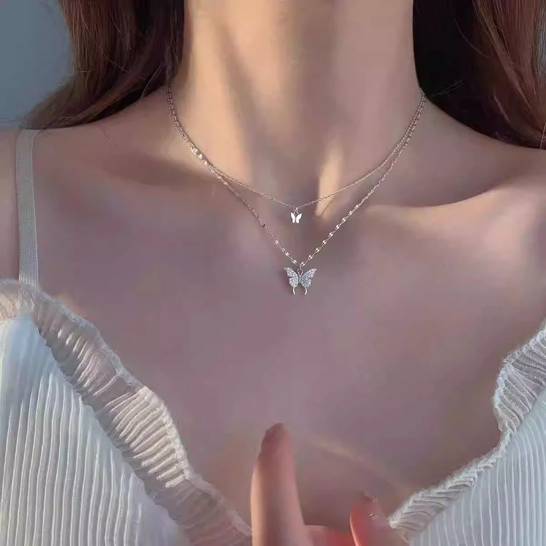 双层蝴蝶项链女款新款爆款高级感轻奢小众锁骨链颈链