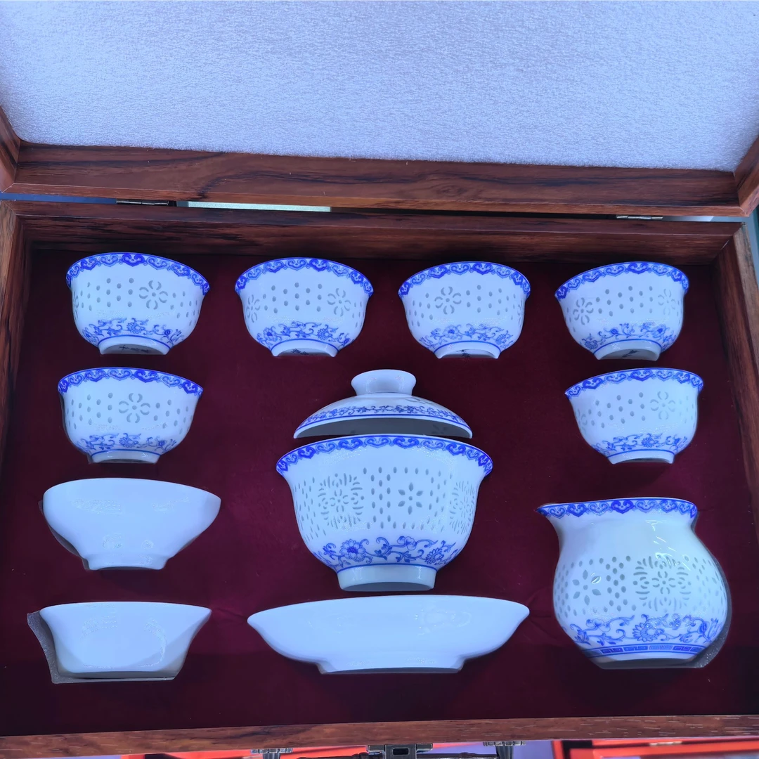 景德镇珐琅彩 青花玲珑功夫茶具套装家用泡茶精致茶具送礼佳品