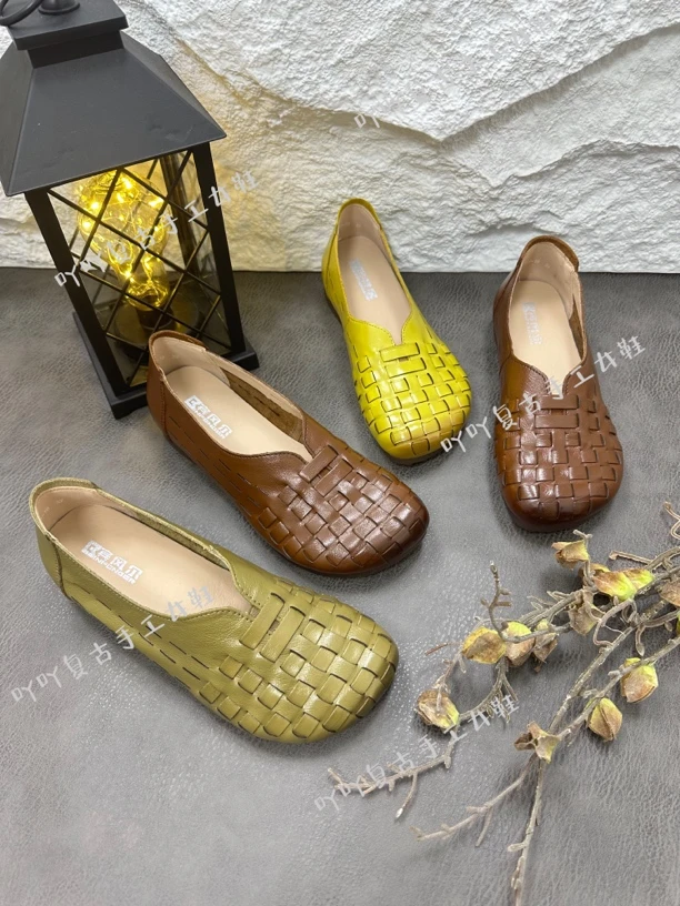 复古牛皮手工编织软底豆豆鞋