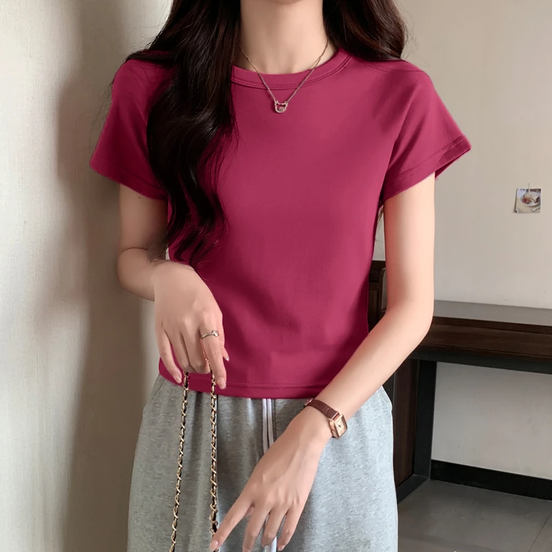 2025春夏新款正肩女t恤短袖修身显瘦圆领纯棉设计感小众百搭上衣