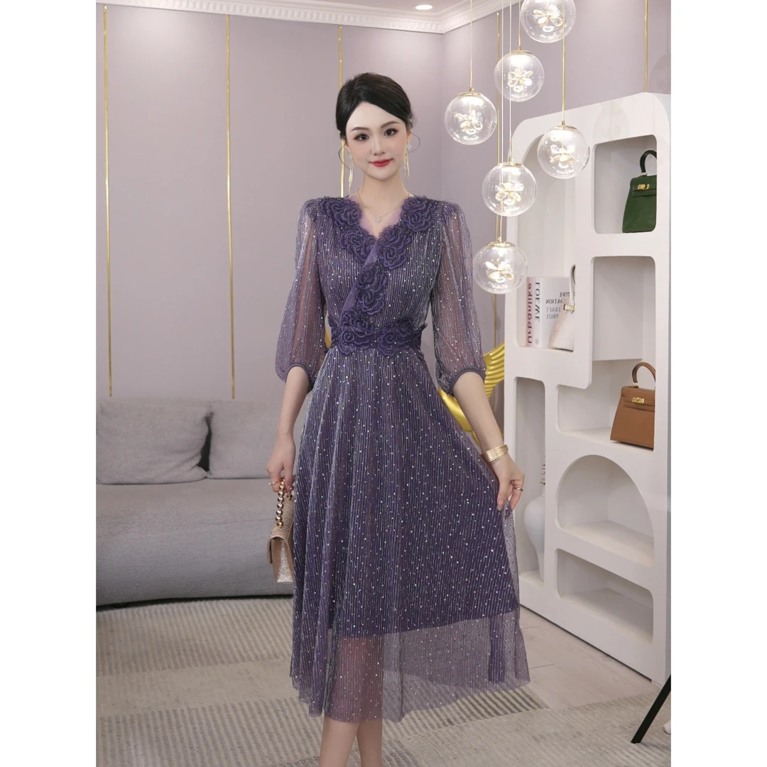 唐熹2025夏季新款【LT-X1038】法式小众高级感轻奢紫色V领连衣裙子