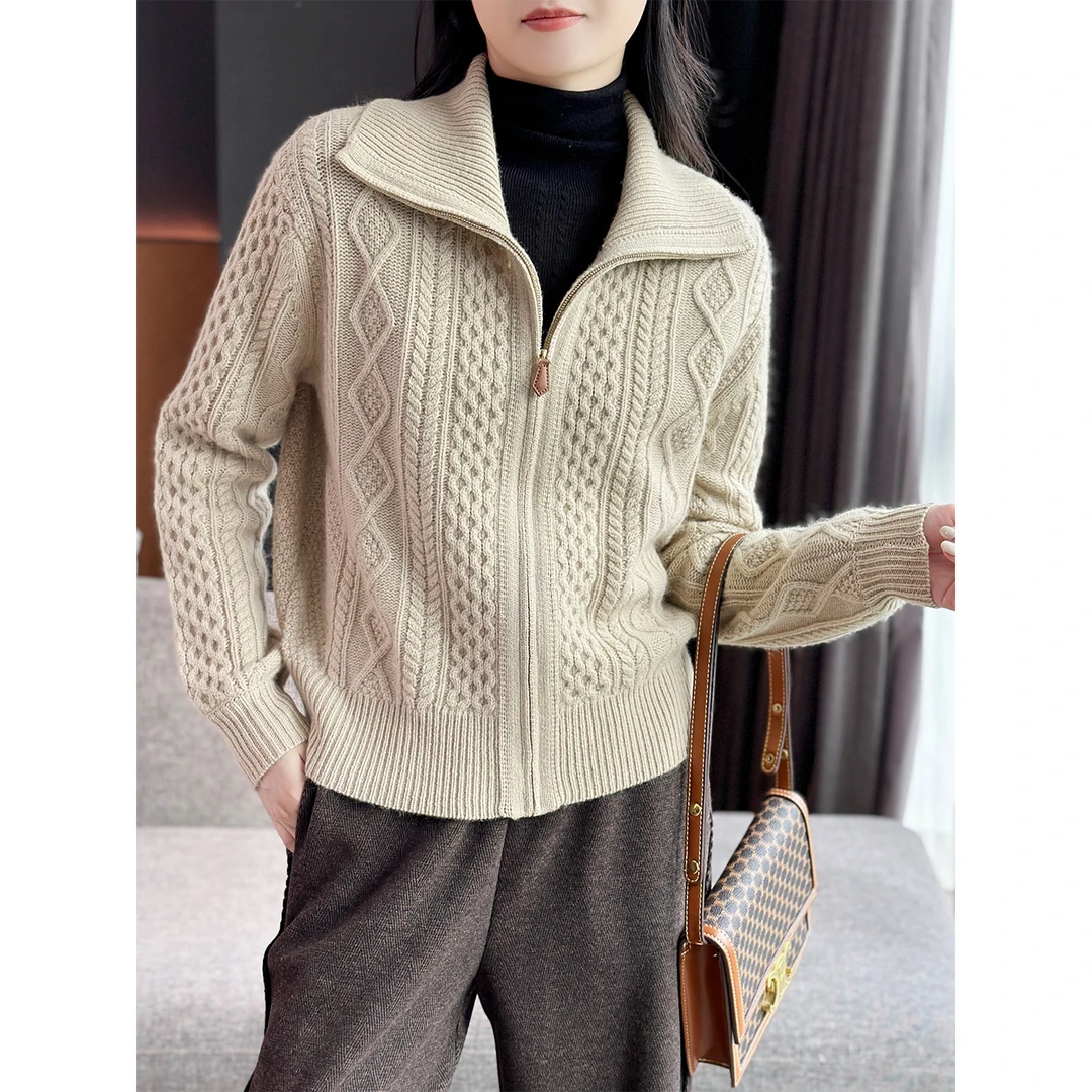 左左家 意奢LP老钱风~重磅立体绞花100%羊绒拉链翻领针织毛衣开衫