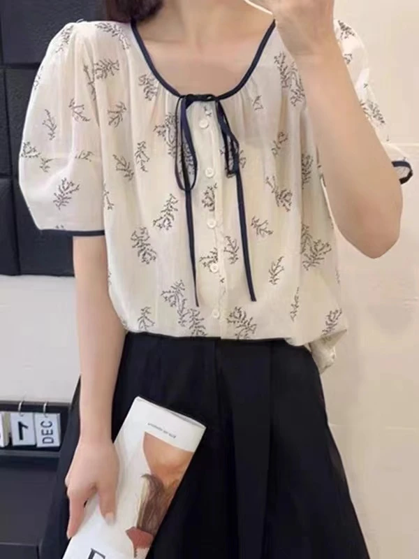 韩版短袖衬衫女2025夏季新款宽松显瘦百搭圆领系带碎花上衣2357