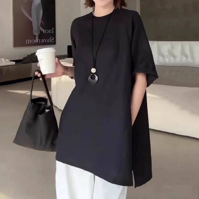 极简风设计休闲宽松百搭开叉黑色短袖T恤女夏季大码胖MM显瘦上衣