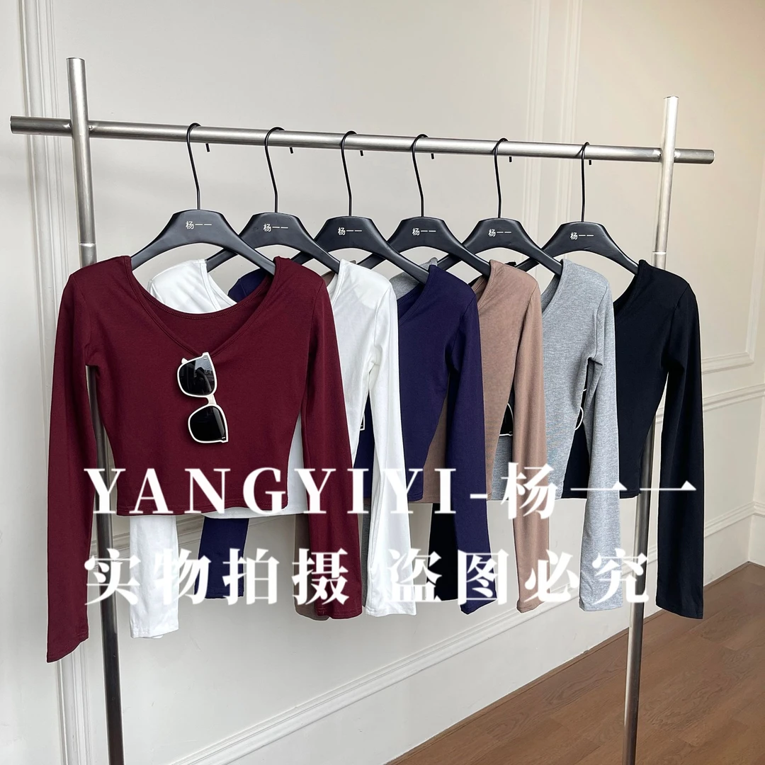 3266【杨一一推荐】V领两穿上衣高腰T恤前后内穿打底棉T显瘦百搭