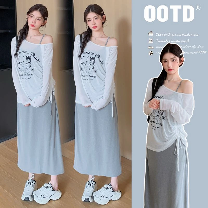 【枫丽】2025春夏新款孕妇印花宽松防晒衣罩衫修身长款吊带连衣裙