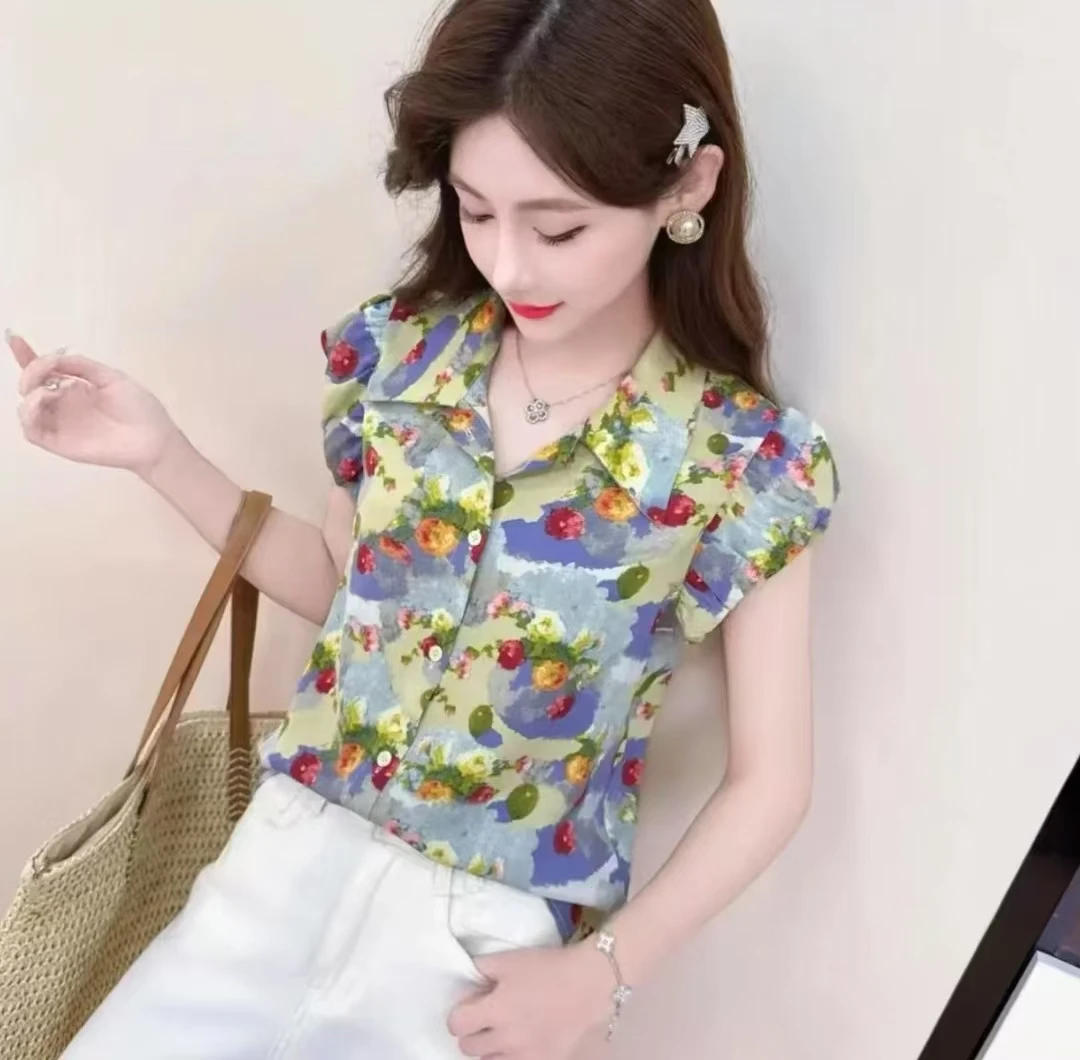 港风复古时尚衬衫女装开衫上衣夏季新款显瘦碎花气质短袖印花