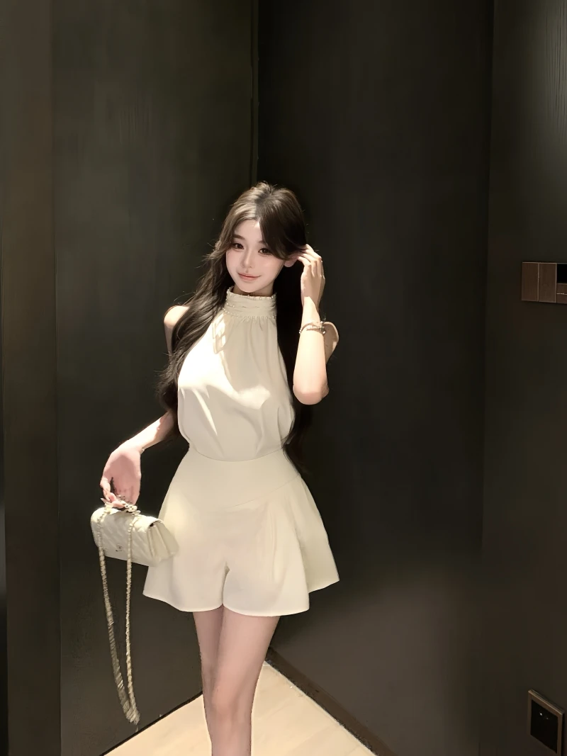 【奶油密令】时尚新款珍珠缎面套装挂脖上衣女2025夏季短裤/直筒裤