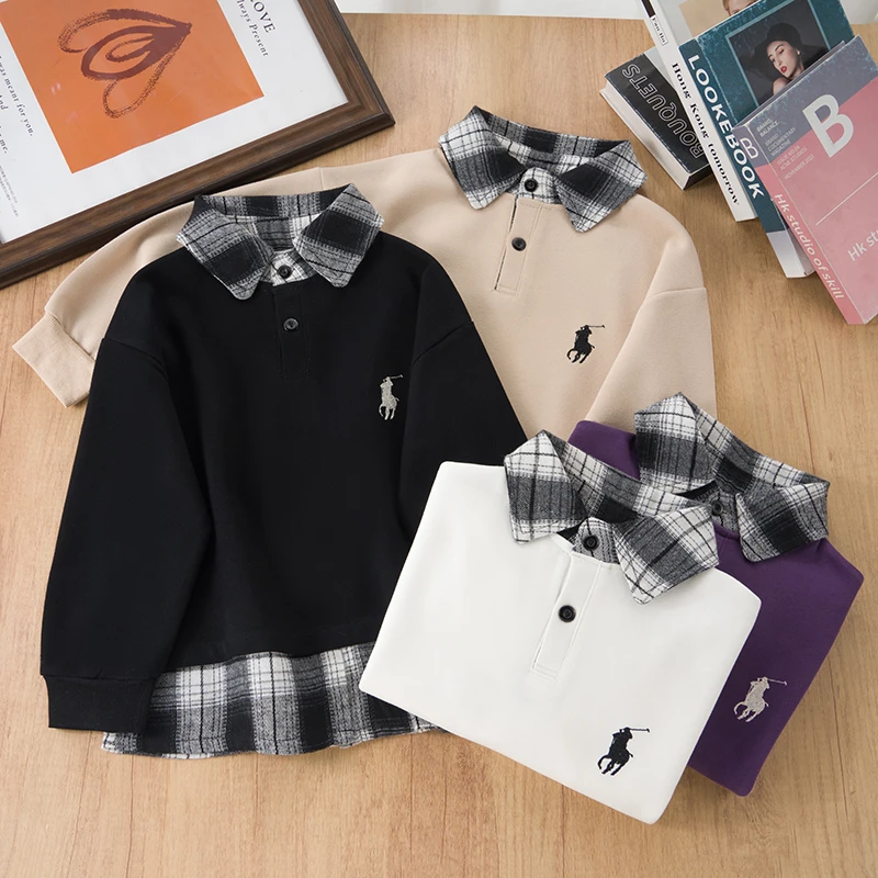 男童卫衣时尚春装刺绣儿童假两件上衣2025新款男孩休闲圆领衫洋气