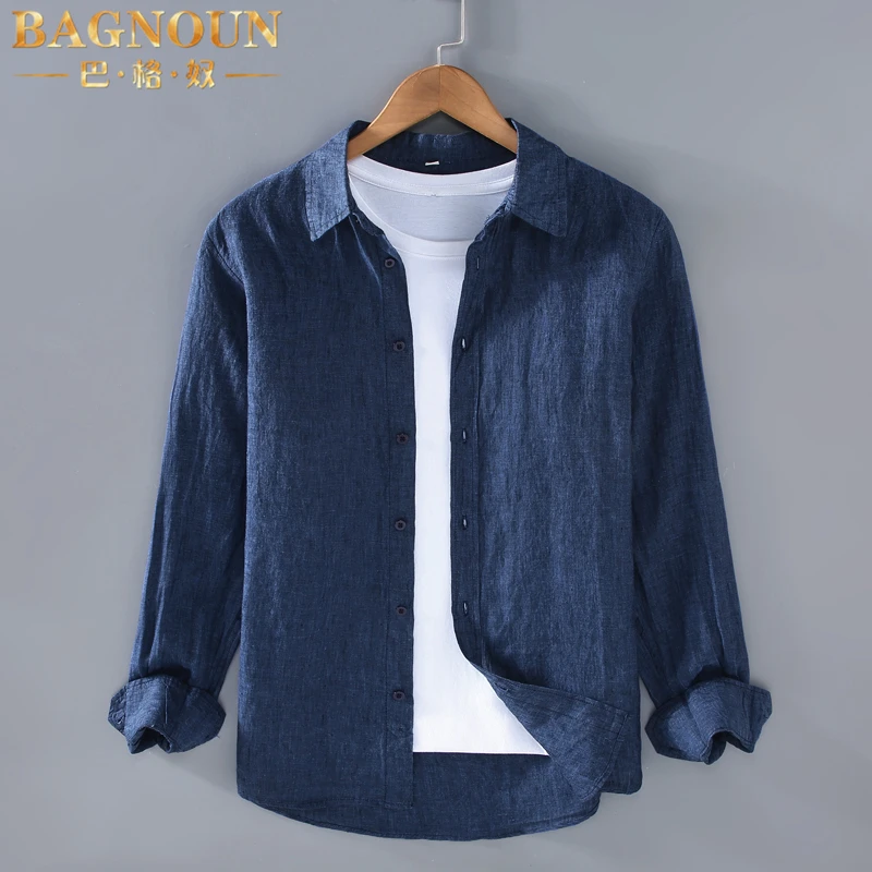 巴格奴纯亚麻长袖衬衫男士春夏新款时尚高端色织透气中年大码衬衣