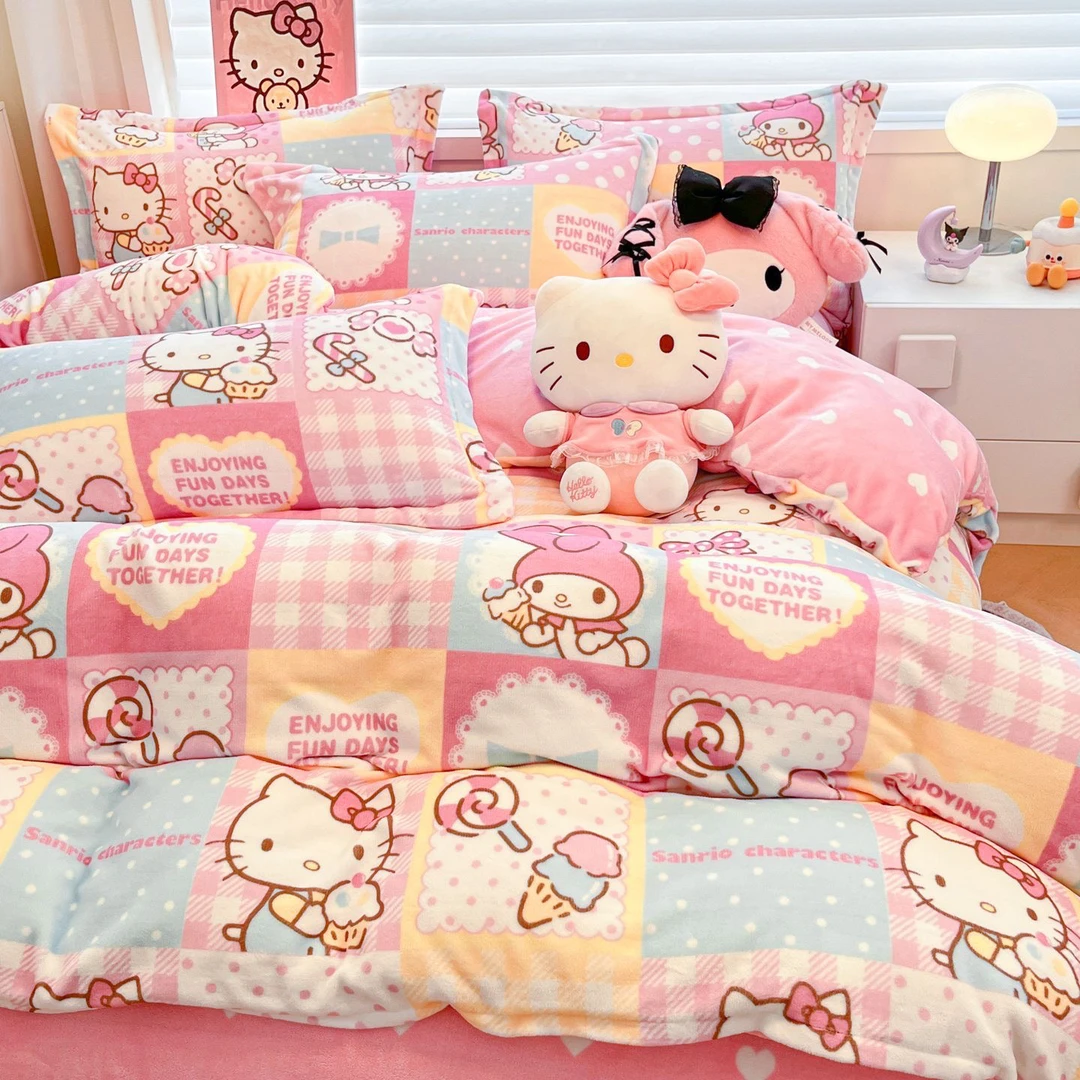 新品正版三丽鸥授权Kitty数码大版枕套混搭卡通加厚牛奶绒被套