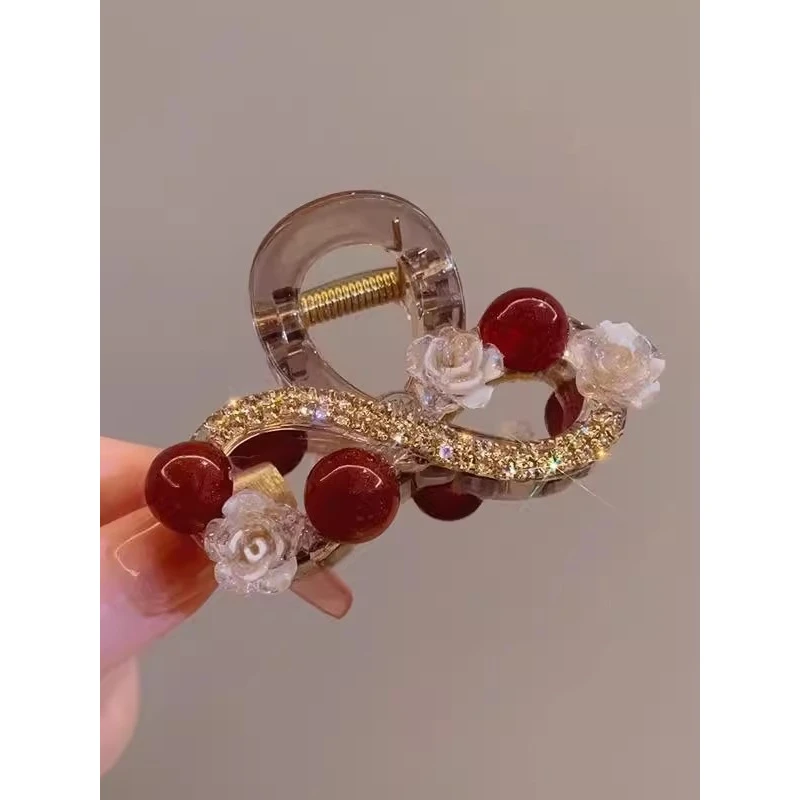 韩系小香风山茶花珠珠抓夹小号发量少女后脑勺高端盘发半扎发抓夹