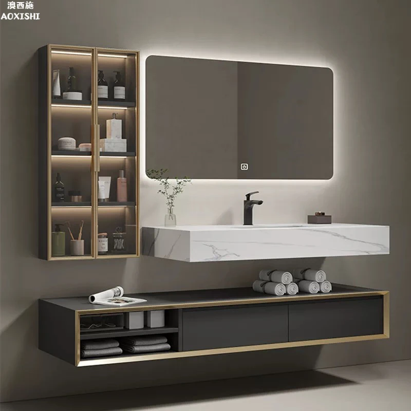 澳西施现代岩板无缝陶瓷一体盆浴室柜组合洗脸盆卫生间双层洗漱台