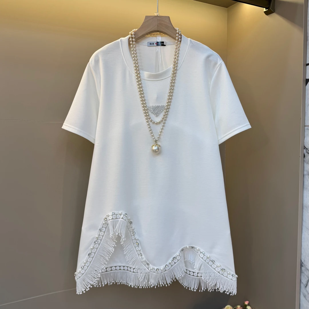 韩系镶钻三角标装饰下摆不规则流苏钉珠镂空小众设计大衫25106