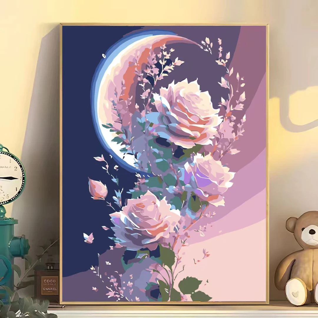 月亮玫瑰 系列数字油画diy填充填色解压系装饰挂画