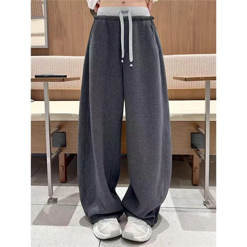 加绒休闲裤女2025秋冬新款高腰宽松弯刀阔腿裤百搭直筒加厚卫裤子