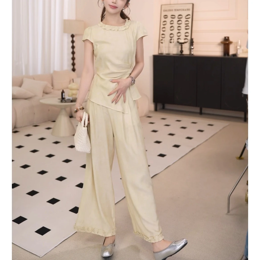2025夏季新款时尚法式系带收腰显瘦短袖上衣阔腿裤休闲两件套装女