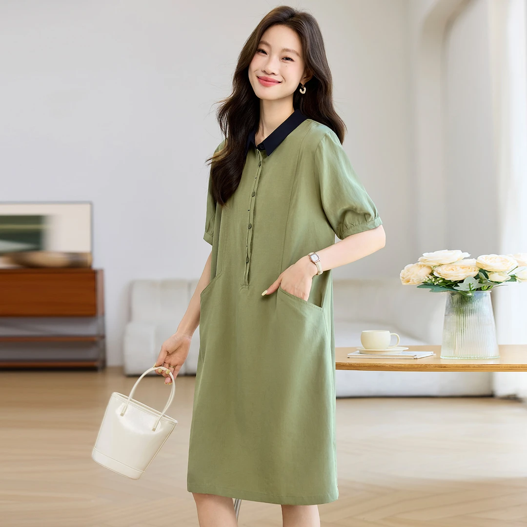 天丝亚麻连衣裙女夏季2025新款妈妈宽松洋气翻领短袖气质中长裙子