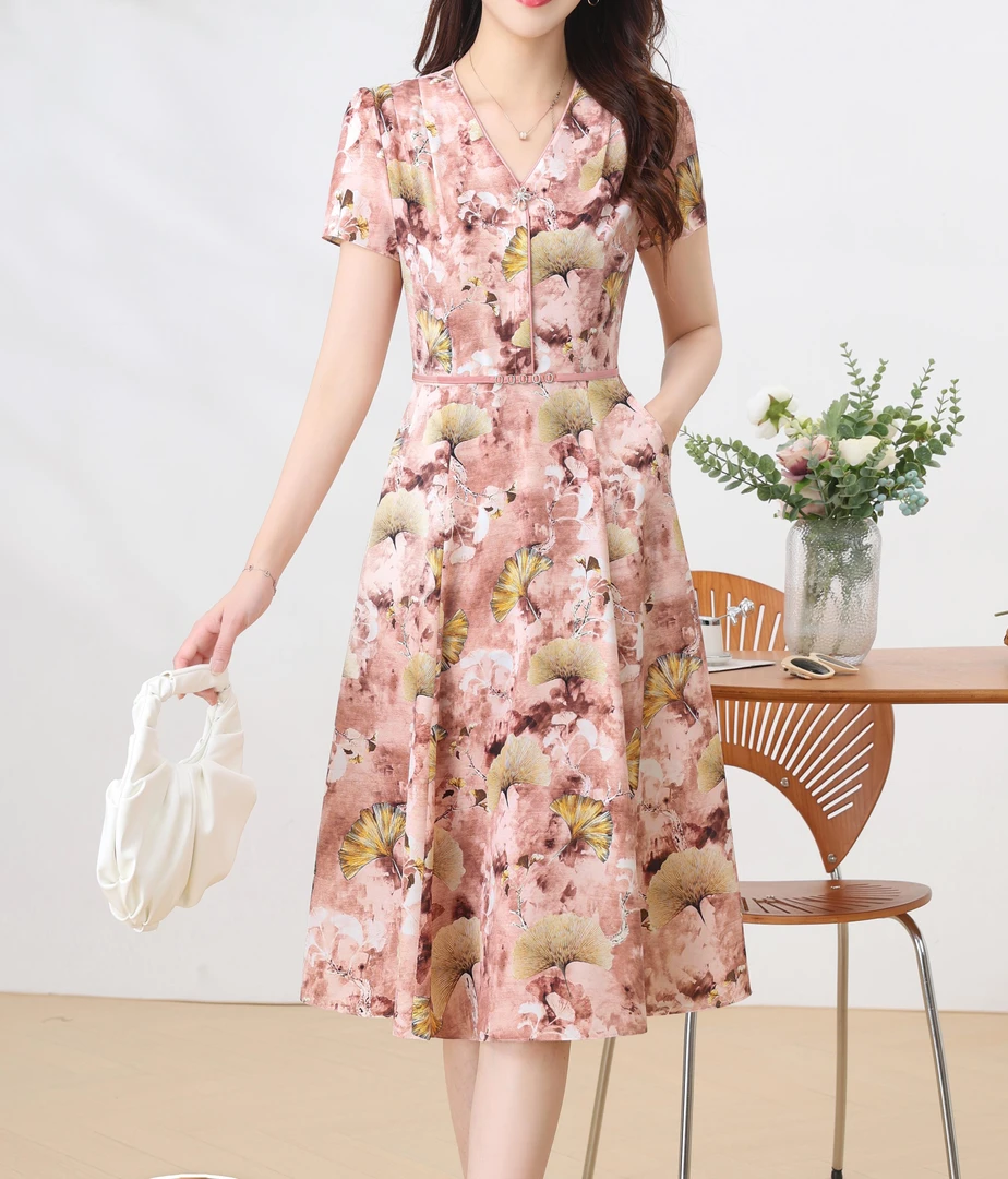 时尚修身显瘦高腰V领短袖套头夏季A字裙中长款连衣裙2508#