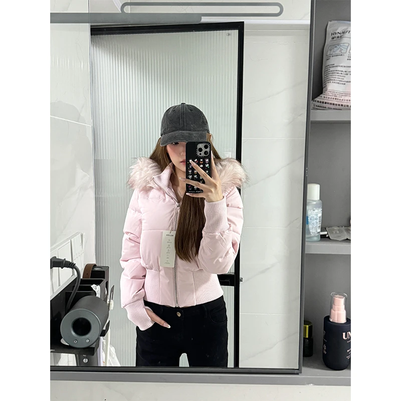 2025秋冬新款美式辣妹毛领连帽棉服时尚高级感收腰显瘦外套女装